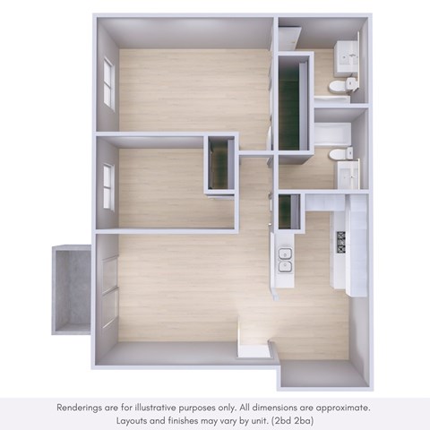 Floor plan for 2 beds, 2 baths, 950 sqft